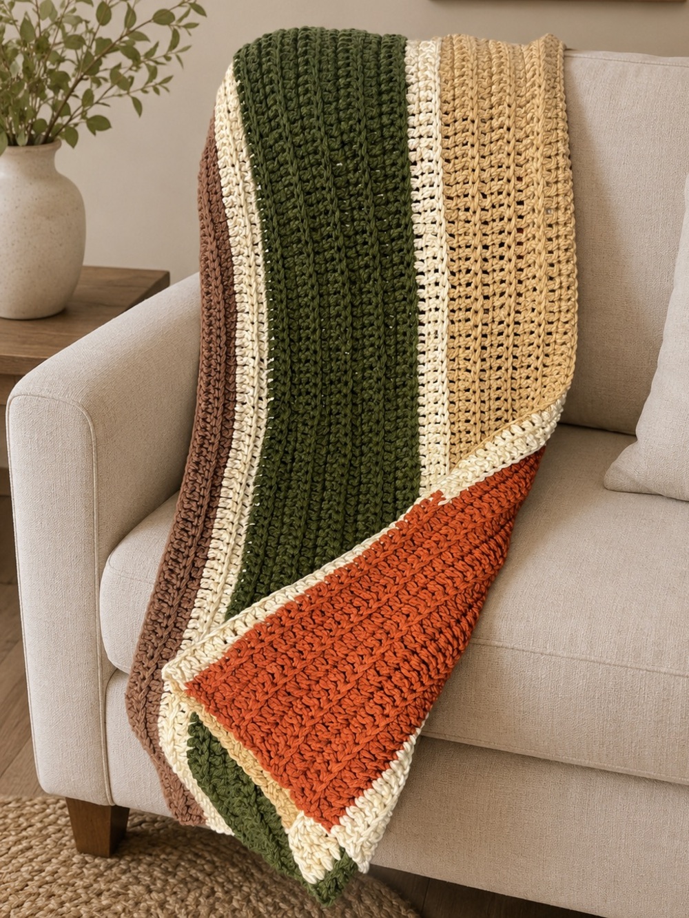 Handmade Crochet Striped Blanket Retro Terracotta, Sage & Tan Autumn Fall Throw